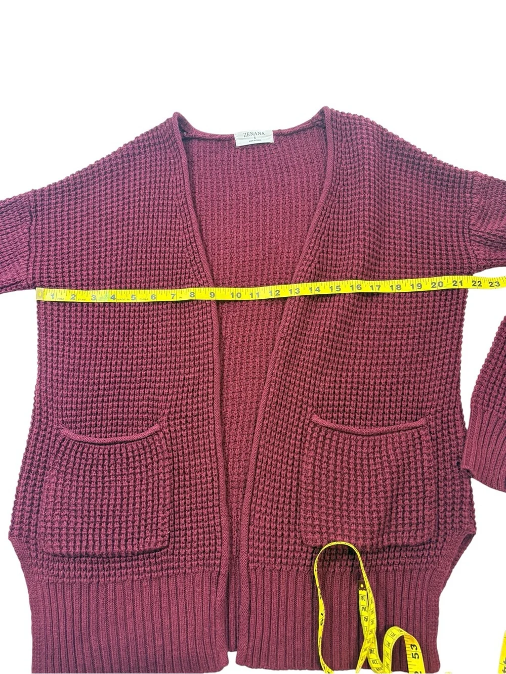 Zenana Open-Front Chunky Knit Cozy Layering Cardigan Burgundy Front Pockets SzS